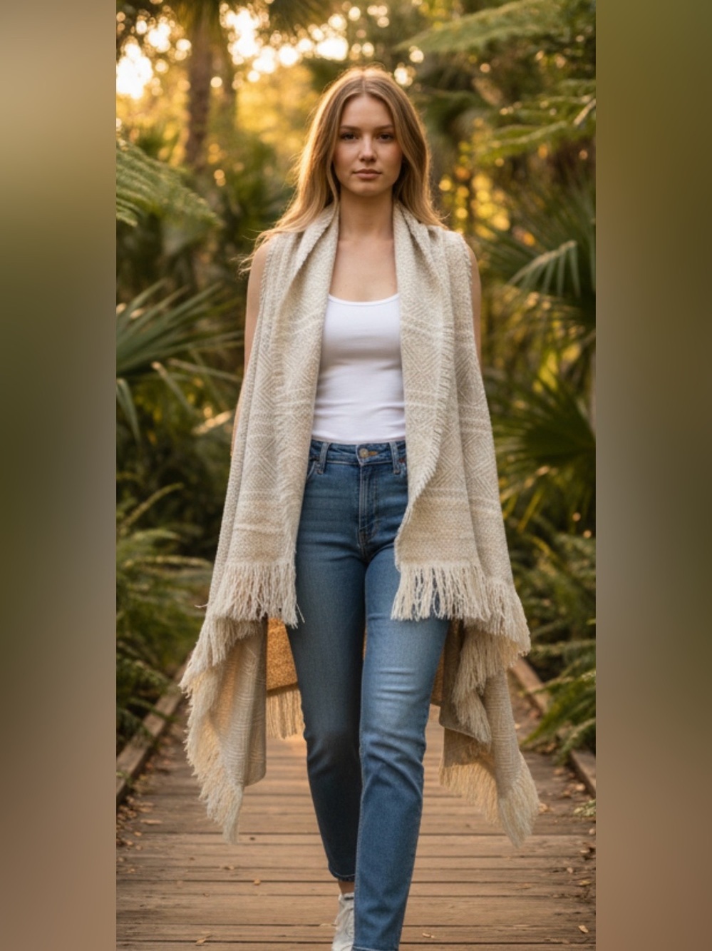 Gray Ivory Geometric Fringe Ruana Poncho Wrap Shawl Vest One Size